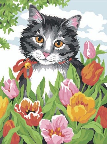 Картина по номерам 30х40 «Котик в цветах»