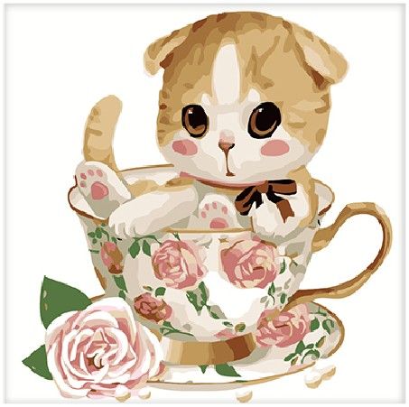 Картина по номерам 25х25 "Котенок в чашке с розой"