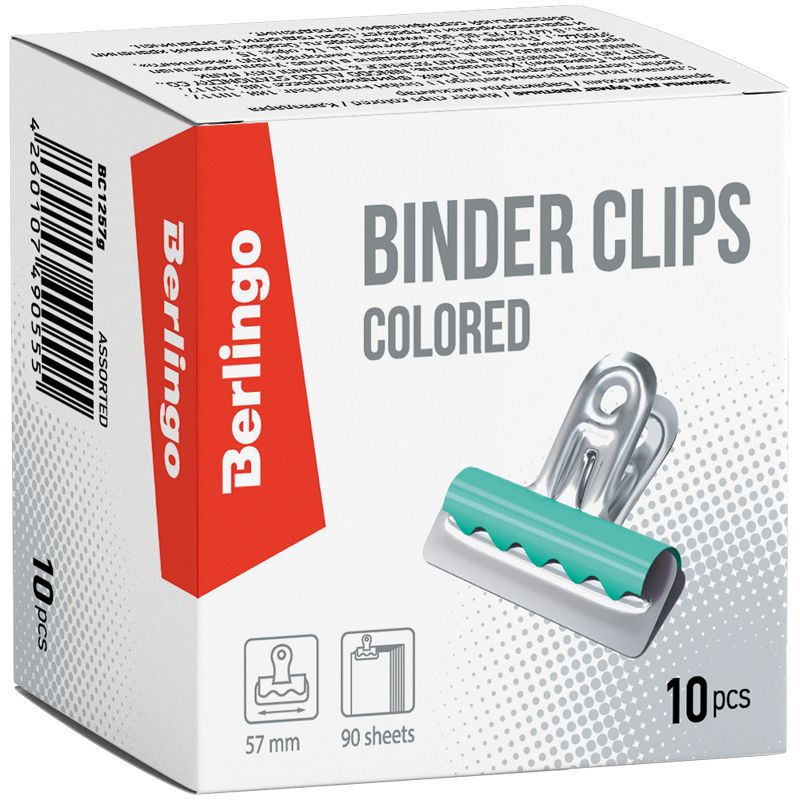 BC1257g Зажимы-бульдоги для бумаг 57мм, Berlingo, 10 шт. цветные — изображение 1