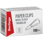 Скрепки 32 мм, 100 шт "Berlingo", никелированные треугольные, с отогнутым носиком