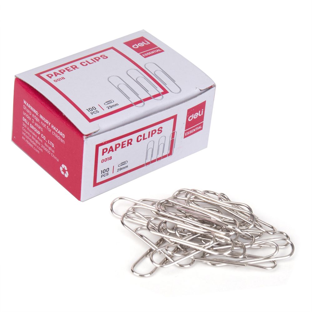 deli_0018 Скрепки 29 мм, 100 шт. "Deli", никелированные, овальные, отогнутый носик — изображение 1