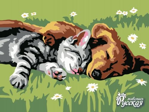 Картина по номерам 30х40 "Котенок и щенок"