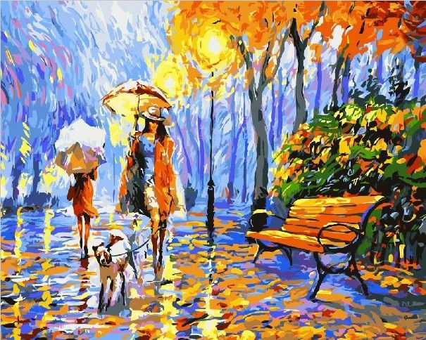 Картина по номерам 40х50 "Дама с собачкой под дождем"