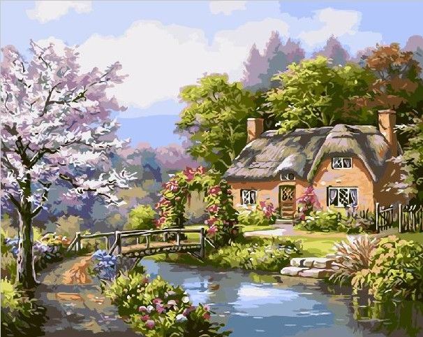 Картина по номерам 40х50 "Домик у реки в лесу"