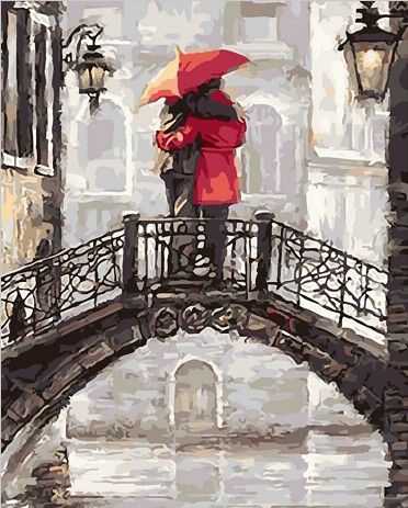 Картина по номерам 40х50 "Влюбленные на мосту под зонтом" Ричард Макнейл