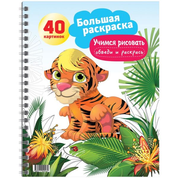 Большая раскраска А4 на гребне, "Учимся рисовать - Обведи и раскрась", 40стр.